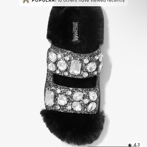 Michael Kors Black Rhinestone Fur Slides